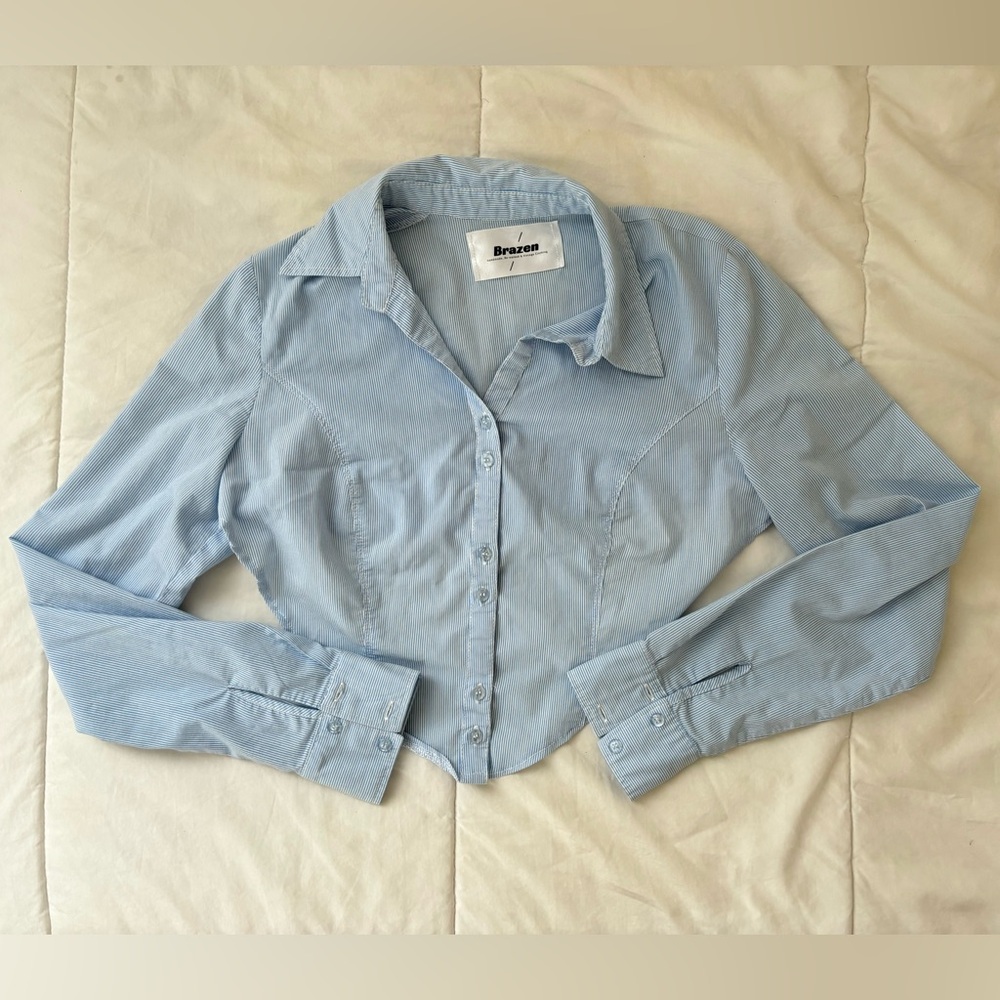 Cropped Button Down Top Blue White Stripes